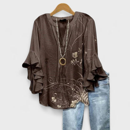 Blusa Floral Sin Esfuerzo para Mujeres con Escote en V, Manga de Campana y Volantes, Estilo Bohemio