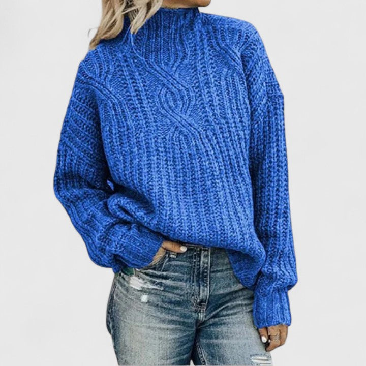 Suéter Cómodo de Punto Trenzado para Mujeres con Cuello Alto y Manga Larga, Estilo Relajado y Oversized