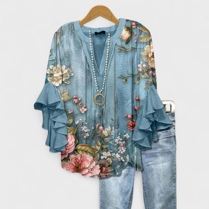 Blusa Floral Sin Esfuerzo para Mujeres con Escote en V, Manga de Campana y Volantes, Estilo Bohemio
