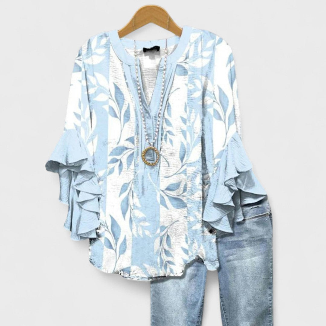Blusa Floral Sin Esfuerzo para Mujeres con Escote en V, Manga de Campana y Volantes, Estilo Bohemio