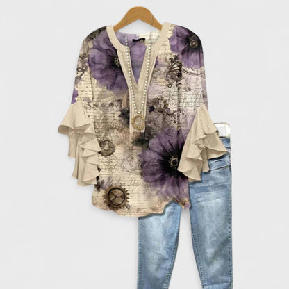 Blusa Floral Sin Esfuerzo para Mujeres con Escote en V, Manga de Campana y Volantes, Estilo Bohemio