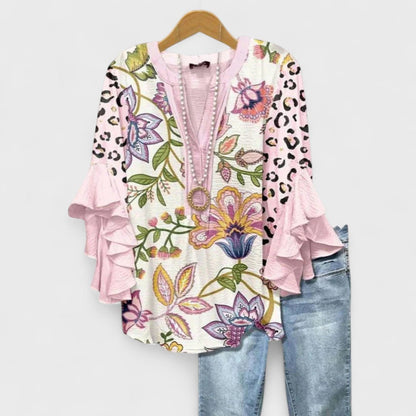 Blusa Floral Sin Esfuerzo para Mujeres con Escote en V, Manga de Campana y Volantes, Estilo Bohemio