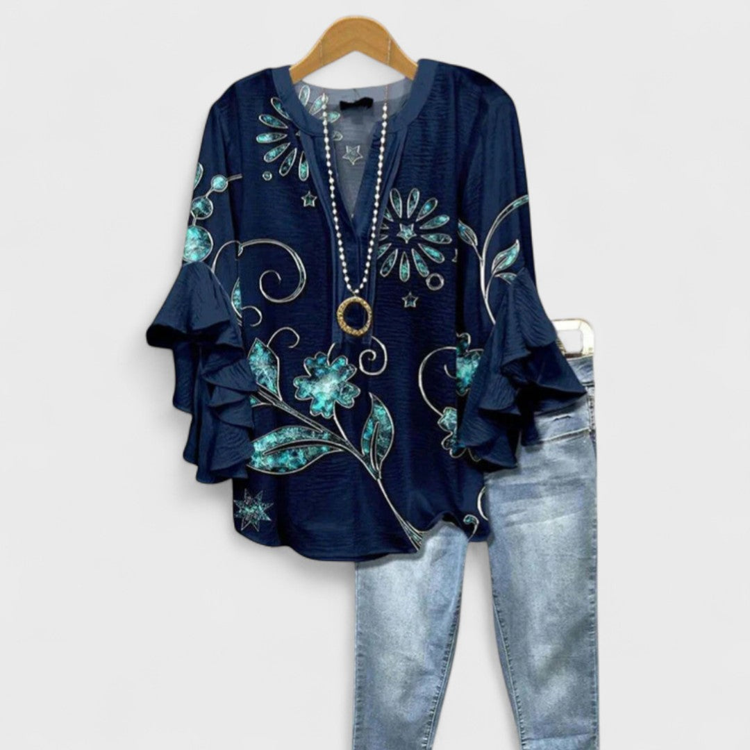 Blusa Floral Sin Esfuerzo para Mujeres con Escote en V, Manga de Campana y Volantes, Estilo Bohemio