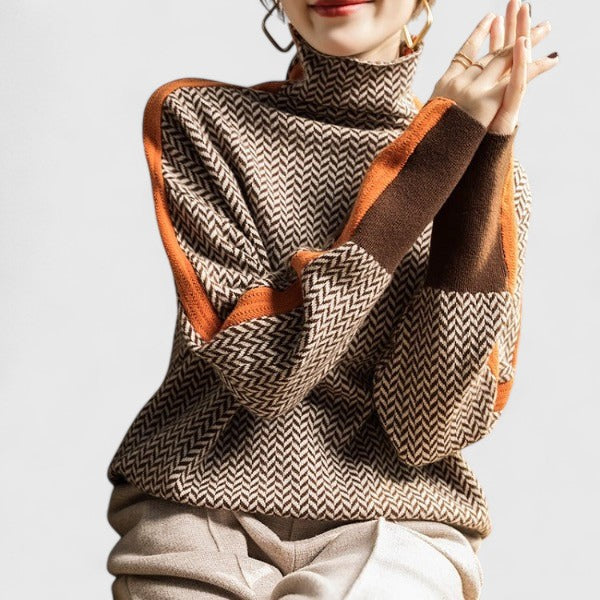 Suéter de Punto en Espiga Cómodo para Mujeres con Cuello Alto, Manga Larga, Estilo Oversized y a Rayas