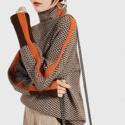 Suéter de Punto en Espiga Cómodo para Mujeres con Cuello Alto, Manga Larga, Estilo Oversized y a Rayas