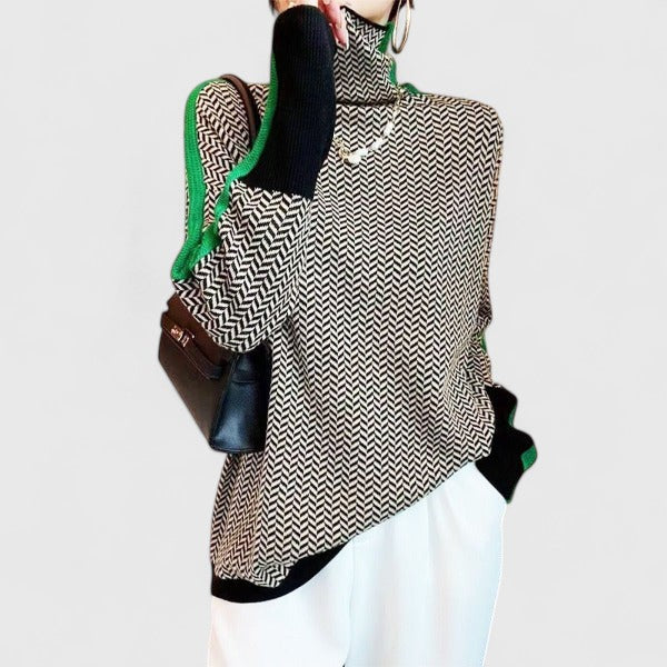Suéter de Punto en Espiga Cómodo para Mujeres con Cuello Alto, Manga Larga, Estilo Oversized y a Rayas