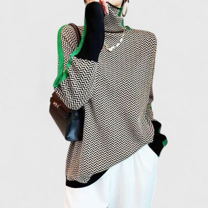 Suéter de Punto en Espiga Cómodo para Mujeres con Cuello Alto, Manga Larga, Estilo Oversized y a Rayas