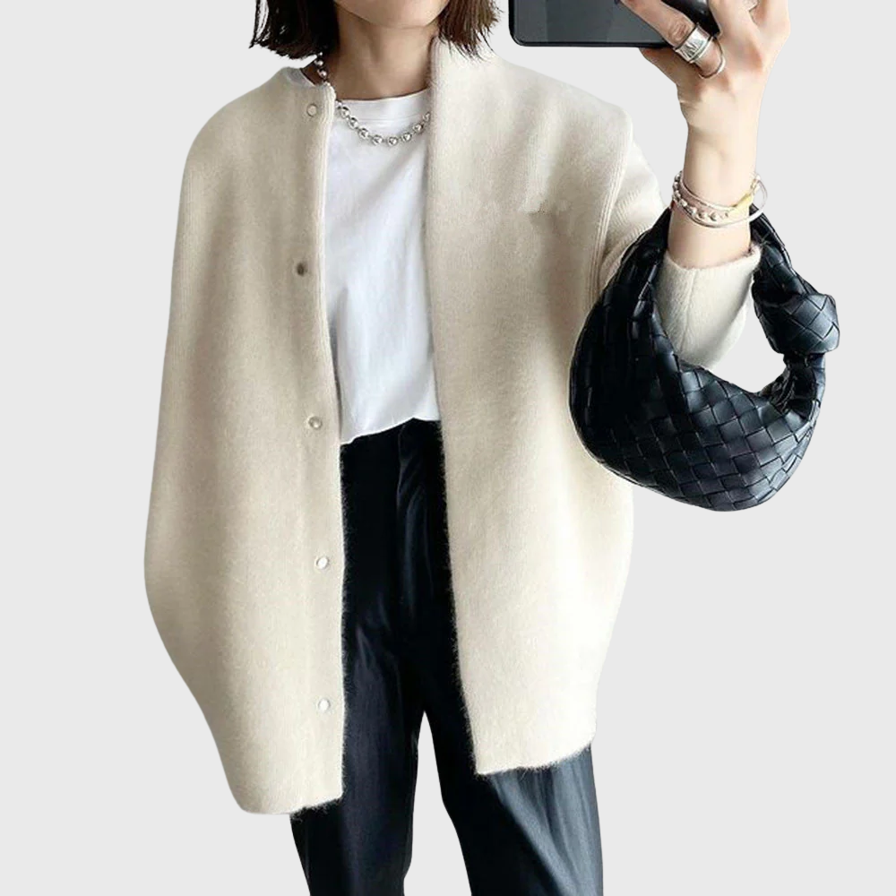 Suéter Cardigan Cómodo para Mujeres con Cuello Redondo, Manga Larga, Frente de Botones y Estilo Oversized Relajado