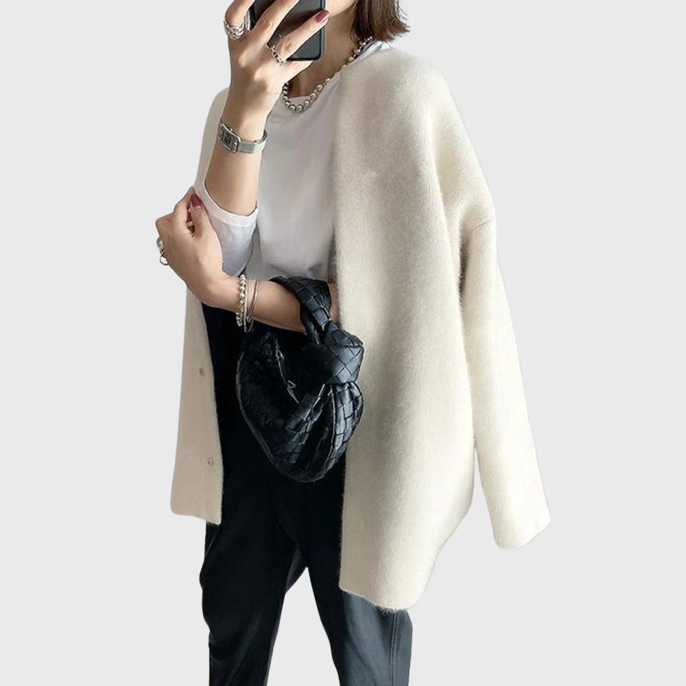 Suéter Cardigan Cómodo para Mujeres con Cuello Redondo, Manga Larga, Frente de Botones y Estilo Oversized Relajado