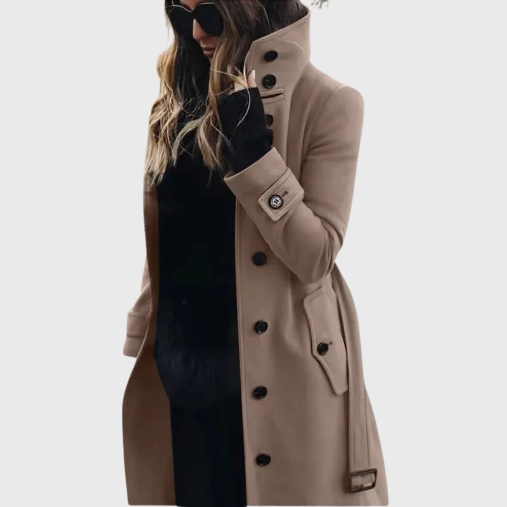 Abrigo de Lana Elegante para Mujeres con Cuello Alto, Manga Larga, Botones Frontales y Cinturón, Estilo Casual Ajustado