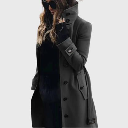 Abrigo de Lana Elegante para Mujeres con Cuello Alto, Manga Larga, Botones Frontales y Cinturón, Estilo Casual Ajustado