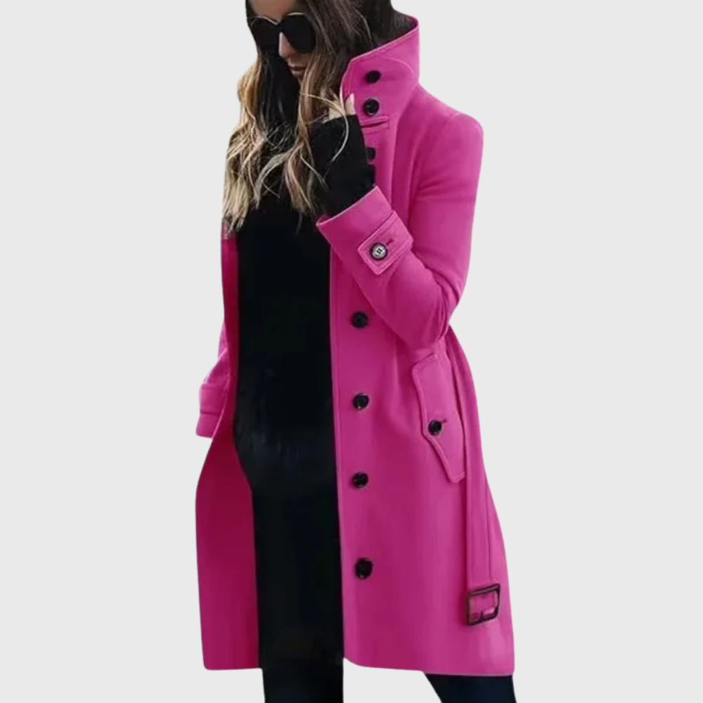 Abrigo de Lana Elegante para Mujeres con Cuello Alto, Manga Larga, Botones Frontales y Cinturón, Estilo Casual Ajustado
