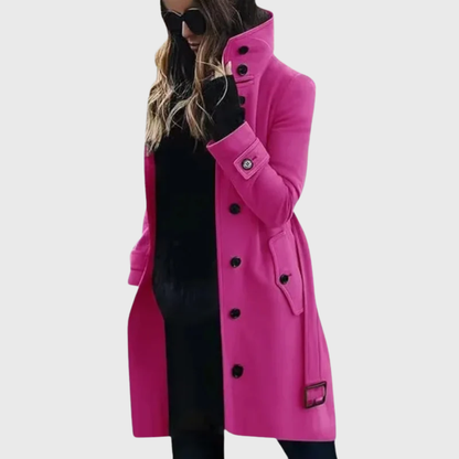 Abrigo de Lana Elegante para Mujeres con Cuello Alto, Manga Larga, Botones Frontales y Cinturón, Estilo Casual Ajustado