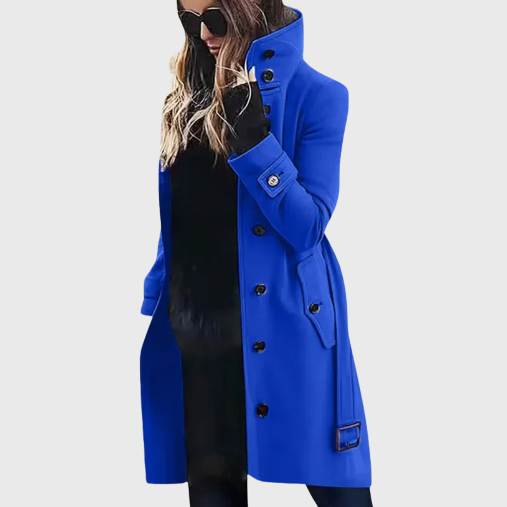 Abrigo de Lana Elegante para Mujeres con Cuello Alto, Manga Larga, Botones Frontales y Cinturón, Estilo Casual Ajustado
