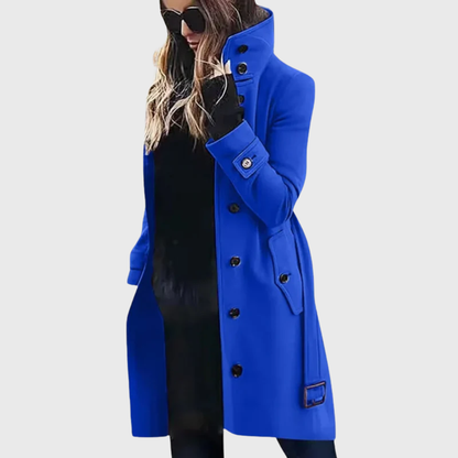 Abrigo de Lana Elegante para Mujeres con Cuello Alto, Manga Larga, Botones Frontales y Cinturón, Estilo Casual Ajustado