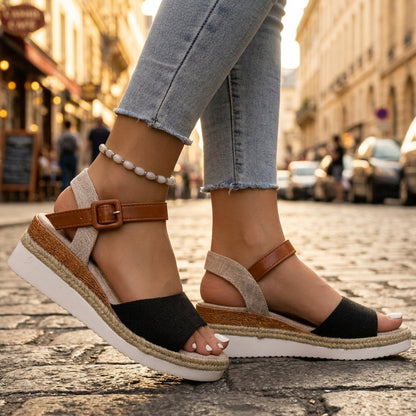 Sandalía Wedge de Espadrille Sin Esfuerzo para Mujeres con Hebilla en el Tobillo y Plataforma Woven Estilo Casual