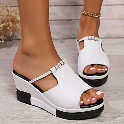 Sandalias de cuña cómodas para mujeres con plataforma recortada y estilo slip-on de punta descubierta