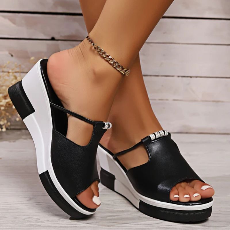 Sandalias de cuña cómodas para mujeres con plataforma recortada y estilo slip-on de punta descubierta