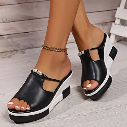 Sandalias de cuña cómodas para mujeres con plataforma recortada y estilo slip-on de punta descubierta