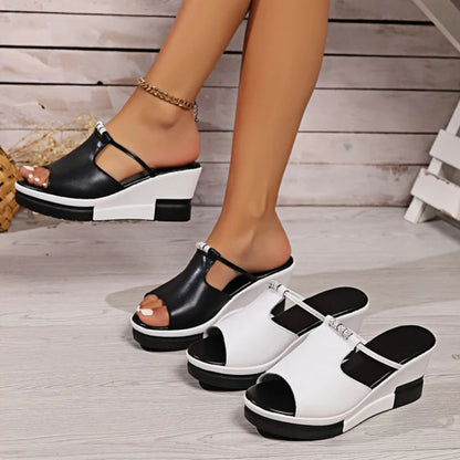 Sandalias de cuña cómodas para mujeres con plataforma recortada y estilo slip-on de punta descubierta