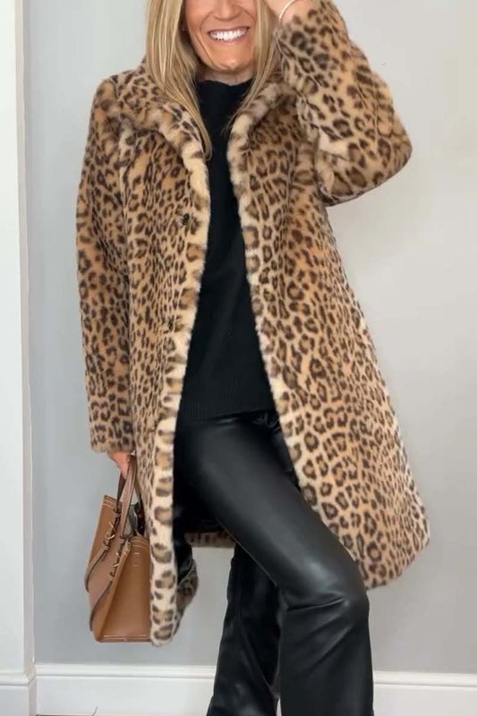 Abrigo de Piel Sintética con Estampado de Leopardo Elegante para Mujeres con Cuello de Muesca, Manga Larga, Estilo Casual