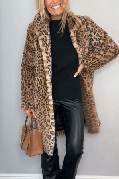 Abrigo de Piel Sintética con Estampado de Leopardo Elegante para Mujeres con Cuello de Muesca, Manga Larga, Estilo Casual