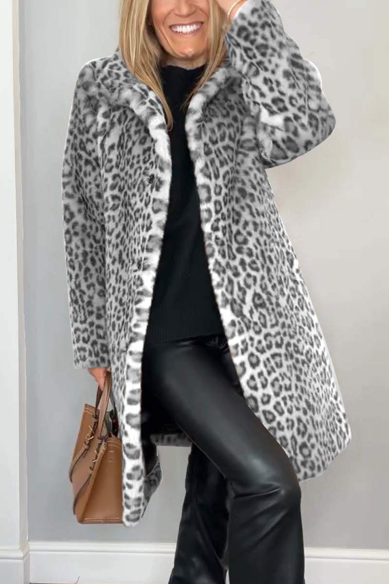 Abrigo de Piel Sintética con Estampado de Leopardo Elegante para Mujeres con Cuello de Muesca, Manga Larga, Estilo Casual