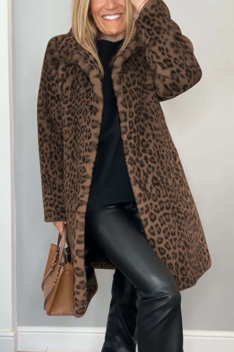 Abrigo de Piel Sintética con Estampado de Leopardo Elegante para Mujeres con Cuello de Muesca, Manga Larga, Estilo Casual