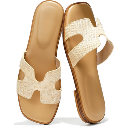 Sandalias de Cuero Cómodas para Mujeres con Correa Recortada y Punta Cuadrada, Estilo Plano