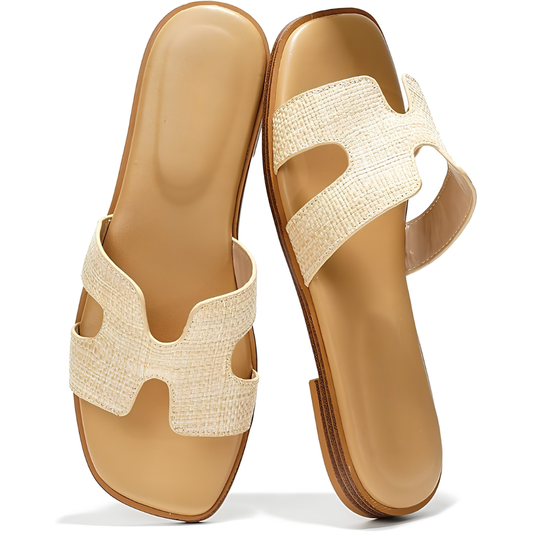 Sandalias de Cuero Cómodas para Mujeres con Correa Recortada y Punta Cuadrada, Estilo Plano