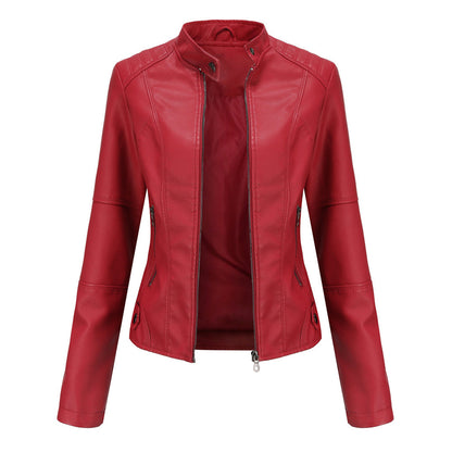 Chaqueta de Moto de Cuero Sintético Elegante para Mujeres con Cuello Alto, Manga Larga, Estilo Corto y Ajustado