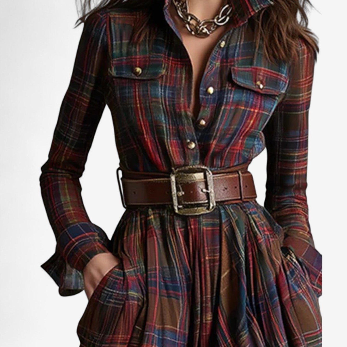 Vestido Camisero Maxi a Cuadros Sin Esfuerzo para Mujeres con Cuello, Manga Larga y Cinturón en Estilo Fluido