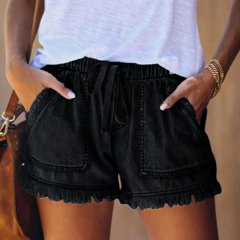 Pantalones Cortos Cargo de Denim para Mujeres con Cintura Ajustable y Dobladillo Desgastado Estilo Casual