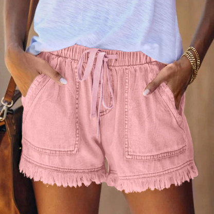 Pantalones Cortos Cargo de Denim para Mujeres con Cintura Ajustable y Dobladillo Desgastado Estilo Casual