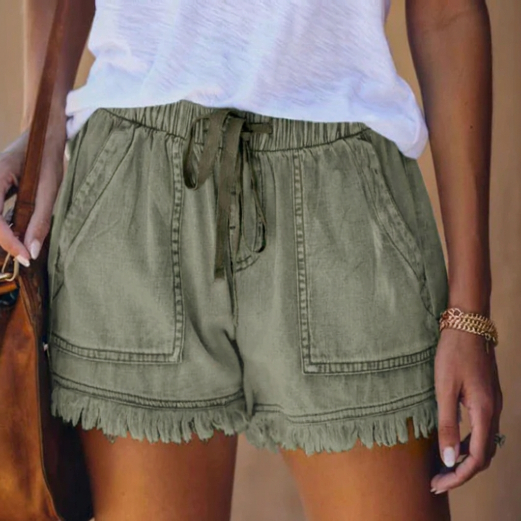 Pantalones Cortos Cargo de Denim para Mujeres con Cintura Ajustable y Dobladillo Desgastado Estilo Casual