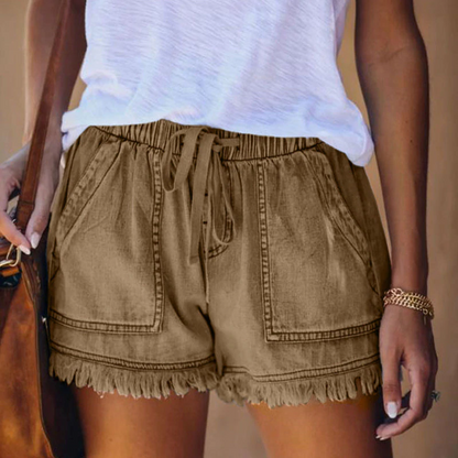 Pantalones Cortos Cargo de Denim para Mujeres con Cintura Ajustable y Dobladillo Desgastado Estilo Casual