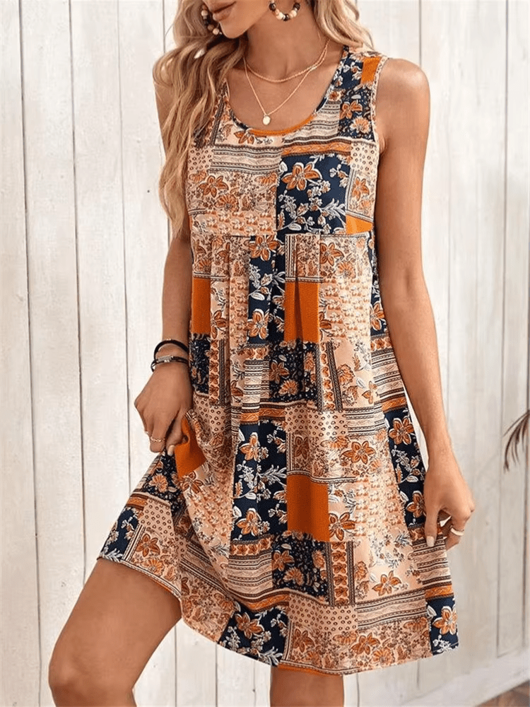 Vestido Mini Floral de Patchwork sin Esfuerzo para Mujeres con Escote Redondo, Sin Mangas, Plisado, Estilo Boho