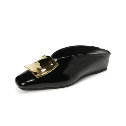 Mule Flats Elegantes de Cuero para Mujeres con Punta Cuadrada y Hebilla Dorada, Estilo Sin Talón y Fácil de Poner