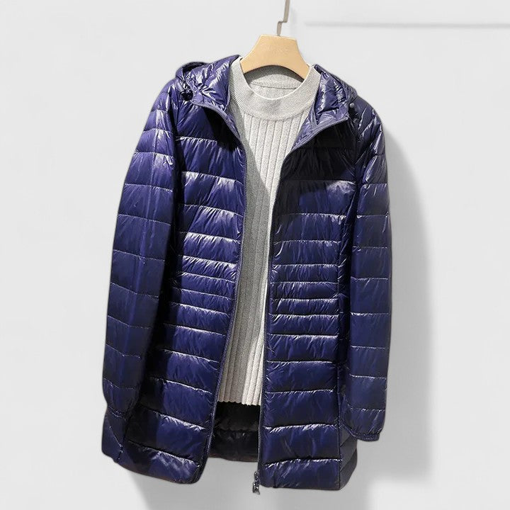 Chaqueta Puffer Acolchada Sin Esfuerzo para Mujeres con Capucha, Manga Larga, Ligera y Estilo Casual de Corte Largo