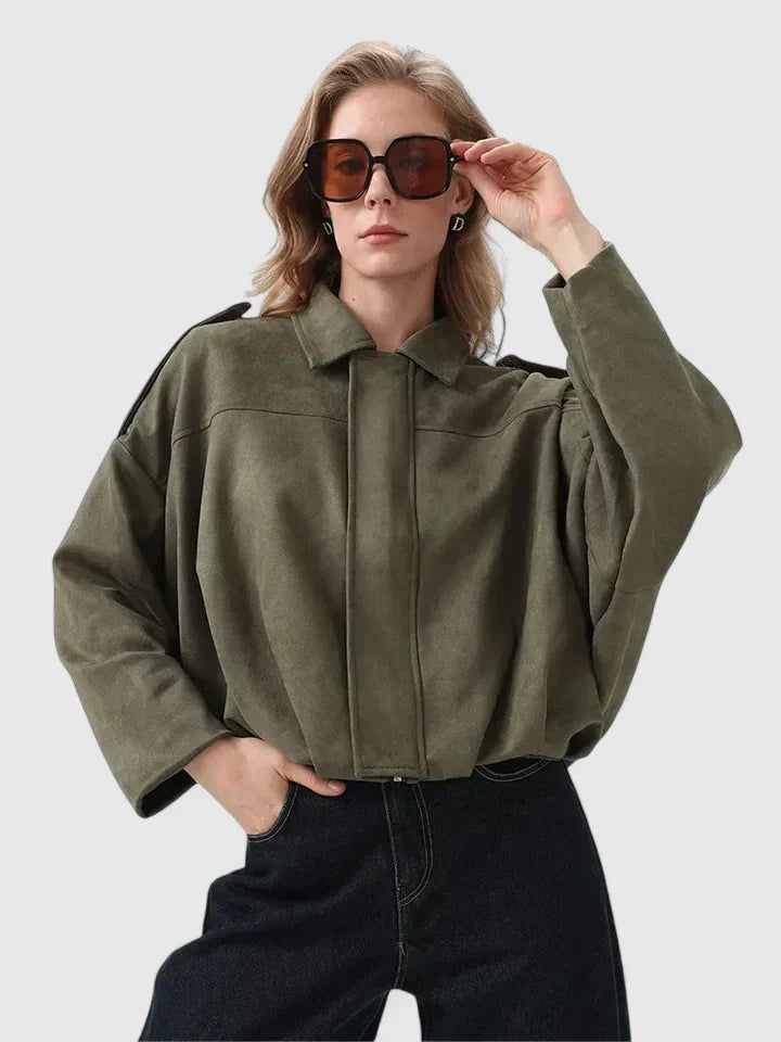 Chaqueta Cortada de Ante Sin Esfuerzo para Mujeres con Cuello, Manga Larga, Dobladillo Burbuja, Estilo Oversized y Relajado