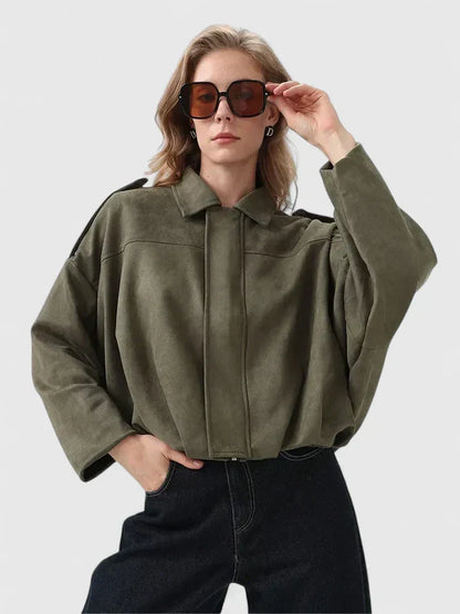 Chaqueta Cortada de Ante Sin Esfuerzo para Mujeres con Cuello, Manga Larga, Dobladillo Burbuja, Estilo Oversized y Relajado