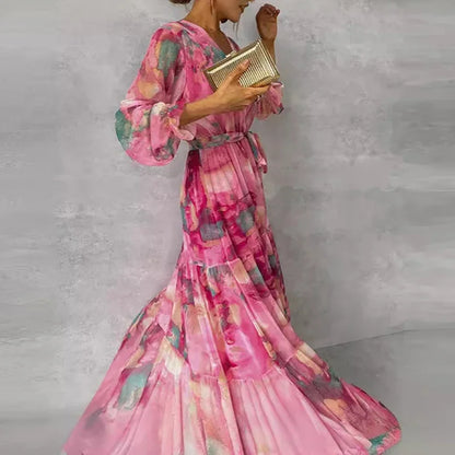 Vestido Maxi de Acuarela Rosa Sin Esfuerzo para Mujeres con Escote en V, Mangas de Campana, Envoltura, Volantes en Estilo Bohemio
