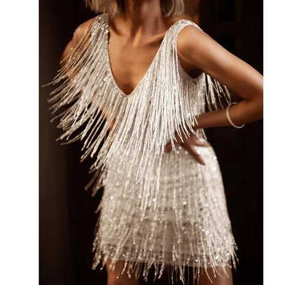 Vestido Mini de Flecos de Lentejuelas Elegante para Mujeres con Escote en V Sin Mangas Estilo Flapper