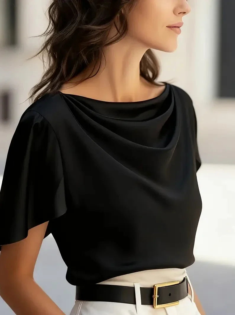 Blusa Elegante con Caída para Mujeres con Cuello de Capa y Mangas Fluidas Estilo Relajado y Sedoso