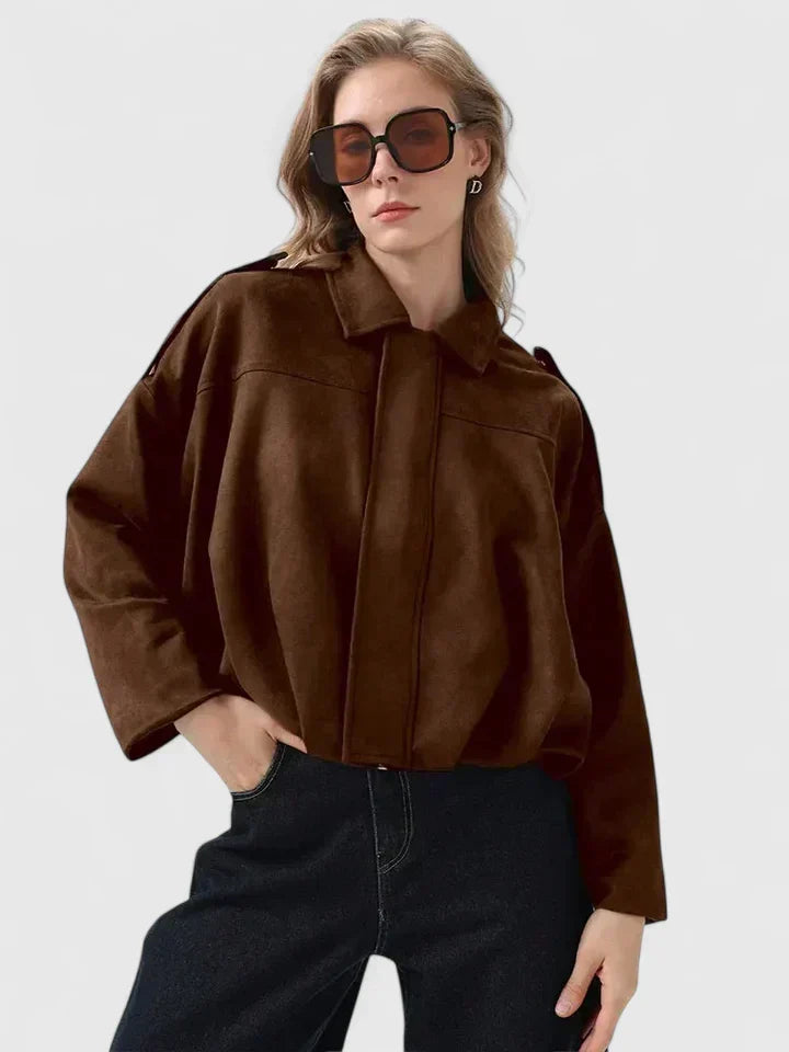 Chaqueta Cortada de Ante Sin Esfuerzo para Mujeres con Cuello, Manga Larga, Dobladillo Burbuja, Estilo Oversized y Relajado