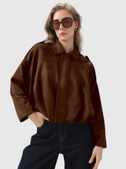 Chaqueta Cortada de Ante Sin Esfuerzo para Mujeres con Cuello, Manga Larga, Dobladillo Burbuja, Estilo Oversized y Relajado