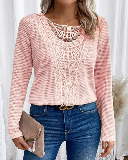 Blusa de Punto Waffle sin Esfuerzo para Mujeres con Manga Larga de Encaje de Crochet Estilo Boho Relajado