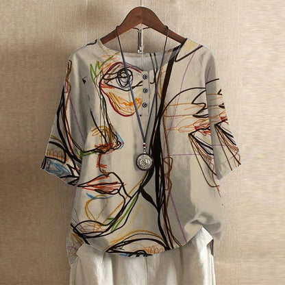 Blusa de Impresión Patchwork Sin Esfuerzo para Mujeres con Cuello Redondo, Manga Corta y Detalle de Botón Estilo Boho