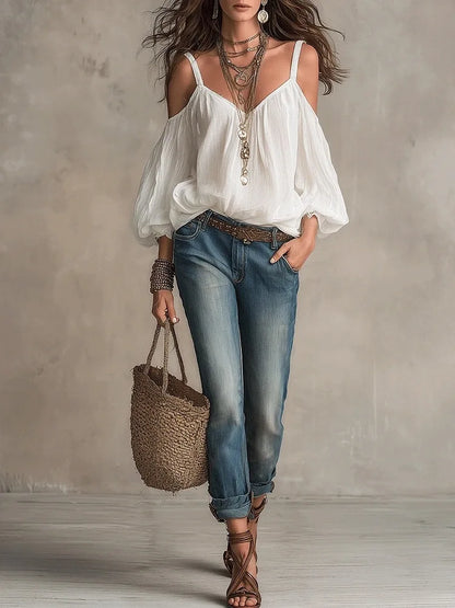 Blusa de Gasa de Algodón Sin Esfuerzo para Mujeres con Escote en V, Hombros Descubiertos, y Mangas de Globo Estilo Bohemio