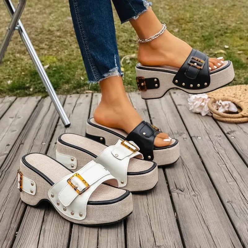 Sandalias de Plataforma Cómodas para Mujeres con Correa Doble y Estilo de Deslizamiento con Aspecto de Madera